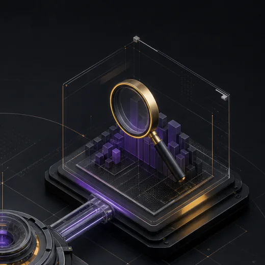 Search visibility represented by a magnifying glass and measurable search data
